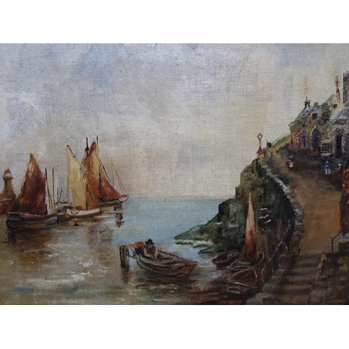 1212 - SIGNED IN MONO 'NEB' - TWO PAINTINGS - COASTAL VILLAGE & BOATS ENTERING HARBOUR, OIL ON BOARD, FRAME... 