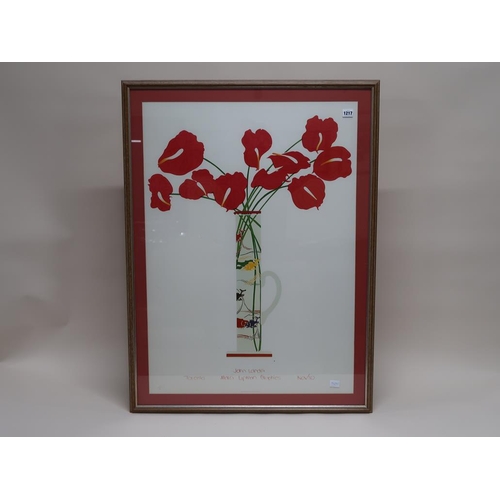 1217 - JOHN LANDER - MARIA LIPMAN GRAPHICS, FRAMED COLOURED PRINT, VASE OF RED FLOWERS, F/G, 93CM X 66CM