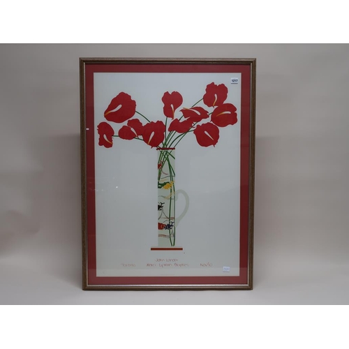 1217 - JOHN LANDER - MARIA LIPMAN GRAPHICS, FRAMED COLOURED PRINT, VASE OF RED FLOWERS, F/G, 93CM X 66CM