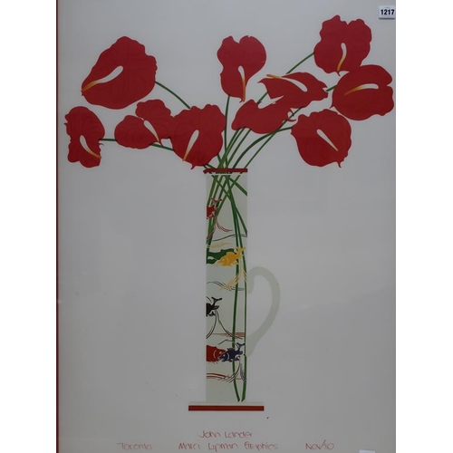 1217 - JOHN LANDER - MARIA LIPMAN GRAPHICS, FRAMED COLOURED PRINT, VASE OF RED FLOWERS, F/G, 93CM X 66CM