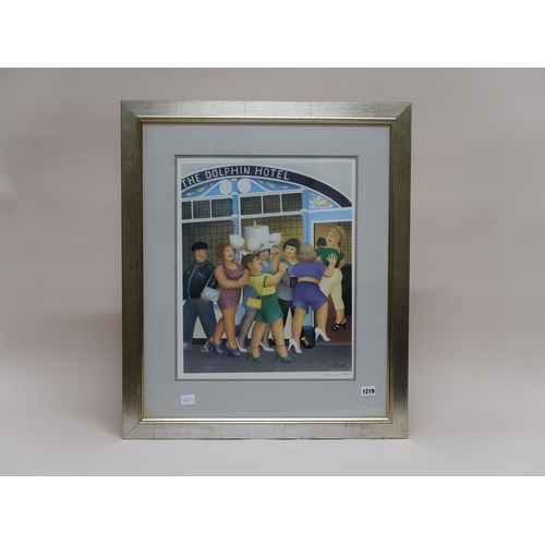 1219 - BERYL COOK - THE DOLPHIN HOTEL, FRAMED COLOURED PRINT, 49CM X 39CM