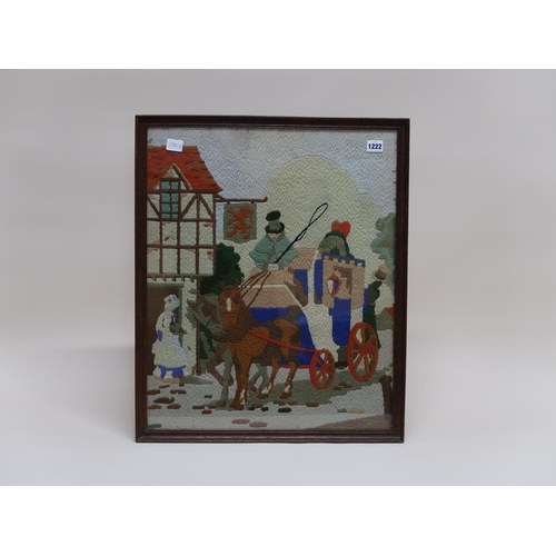 1222 - WOOLWORK TAPESTRY - COACH AND HORSES, F/G, 59CM X 49CM