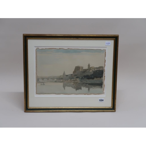 1224 - GEORGE GRAHAM - CONTINENTAL RIVERSCAPE, SIGNED WATERCOLOUR, F/G, 28CM X 40CM