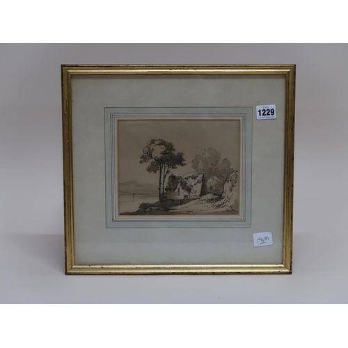 1229 - JAMES ROBERTSON (THE DRUNKEN DRAWING MASTER) C.1815/1836 - RIVERSIDE COTTAGE, WATERCOLOUR, F/G, 17CM... 