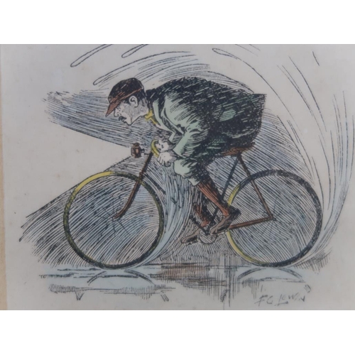 1230 - THREE F/G COLOURED PRINTS RELATING TO CYCLING