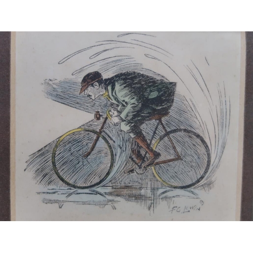 1230 - THREE F/G COLOURED PRINTS RELATING TO CYCLING