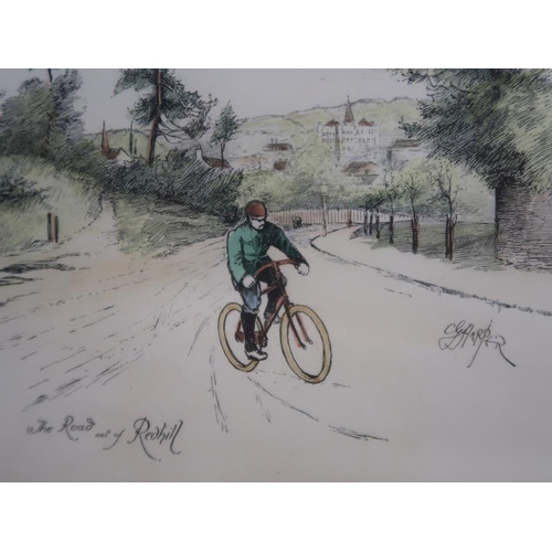 1230 - THREE F/G COLOURED PRINTS RELATING TO CYCLING