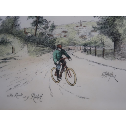 1230 - THREE F/G COLOURED PRINTS RELATING TO CYCLING