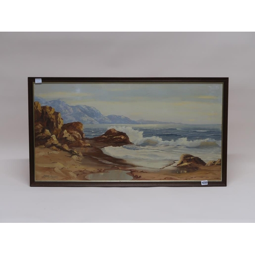 1233 - GERRIE SWYMAN - ROCKY COASTAL SCENE, SIGNED OIL ON BOARD, FRAMED, 48CM X 92CM