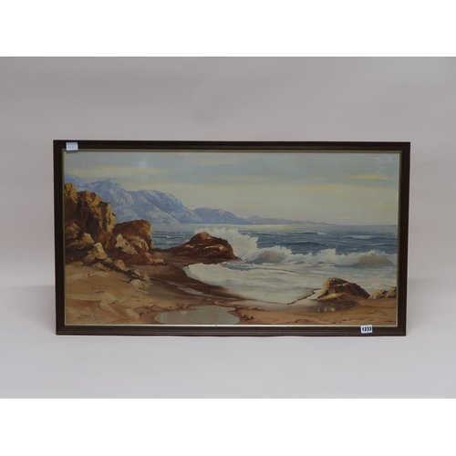 1233 - GERRIE SWYMAN - ROCKY COASTAL SCENE, SIGNED OIL ON BOARD, FRAMED, 48CM X 92CM