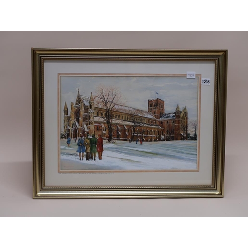 1235 - J FORSTER 1979 - THE ABBEY CHURCH AND CATHEDRAL, ST ALBANS, SIGNED WATERCOLOUR, F/G, 33CM X 48CM