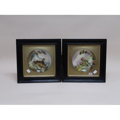 1237 - JOHN BAILEY? - TWO ENGLISH PORCELAIN FRAMED DISHES, WINDSOR AND WARWICK CASTLE, EACH SIGNED, F/G, 21... 