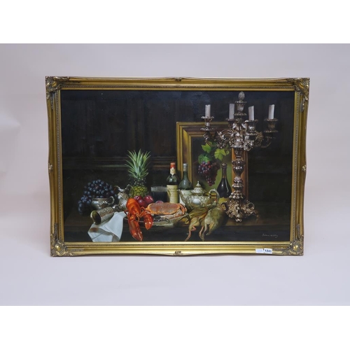 1241 - SIMON WHITBY - STILL LIFE, TABLE OF GAME, SEAFOOD ETC, SIGNED OIL ON CANVAS, FRAMED, 60CM X 90CM