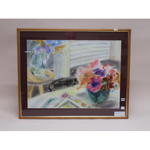 1242 - MEL SOREN 1983 - TABLE AND WINDOW WITH FLOWERS, SIGNED FRAMED WATERCOLOUR, 56CM X 75CM