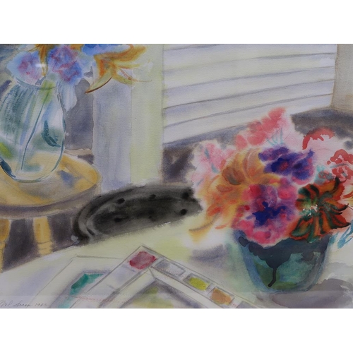 1242 - MEL SOREN 1983 - TABLE AND WINDOW WITH FLOWERS, SIGNED FRAMED WATERCOLOUR, 56CM X 75CM