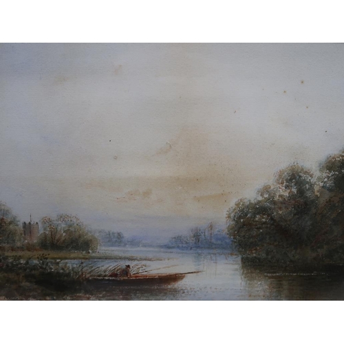 1243 - E BLAIR - LONE FISHERMAN, SIGNED WATERCOLOUR, F/G, 17CM X 34CM