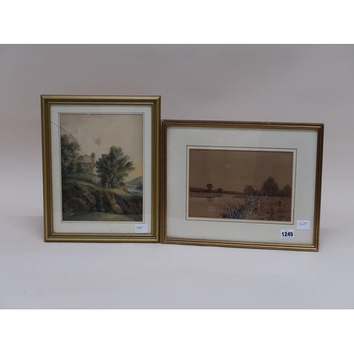 1245 - F VINCENT - SEPIA WATERCOLOUR, RIVERSCAPE, F/G, 17CM X 25CM; M MANN - WATERCOLOUR, TWO FIGURES LEADI... 