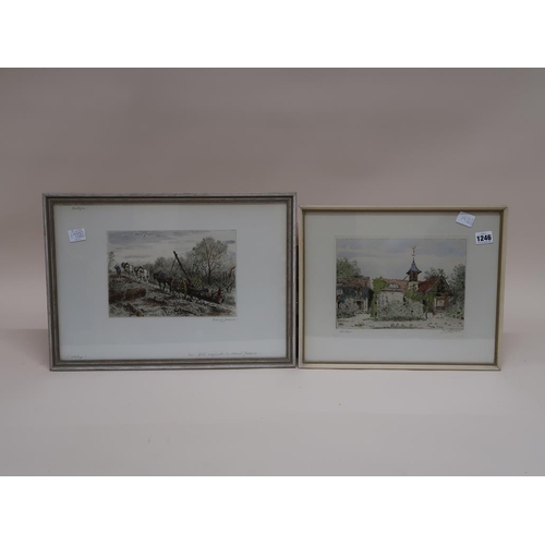 1246 - MARCEL JACQUE - TWO COLOURED ENGRAVINGS, TUMBER HAULING & A CHURCH, F/G