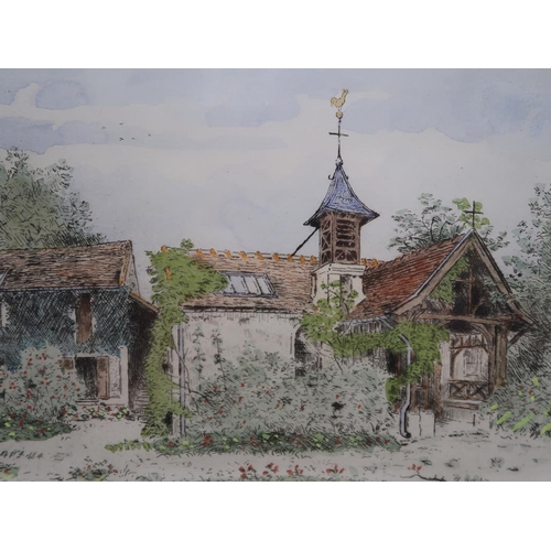 1246 - MARCEL JACQUE - TWO COLOURED ENGRAVINGS, TUMBER HAULING & A CHURCH, F/G