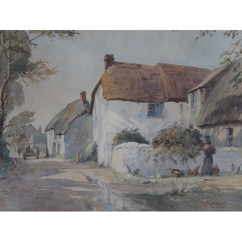 1255 - J E MACE - PAIR OF LATE 19C VILLAGE STREET & ROW OF THATCHED COTTAGES, SIGNED WATERCOLOURS, EACH APP... 