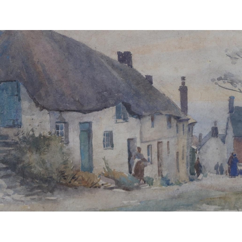 1255 - J E MACE - PAIR OF LATE 19C VILLAGE STREET & ROW OF THATCHED COTTAGES, SIGNED WATERCOLOURS, EACH APP... 