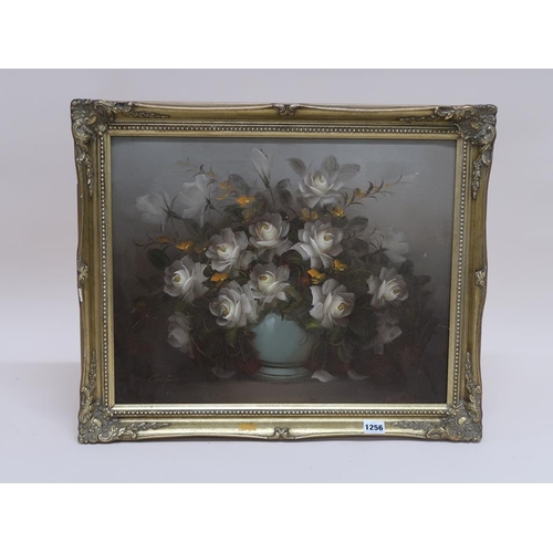 1256 - COOPER - VASE OF ROSES, FRAMED OIL ON CANVAS, 39CM X 49CM