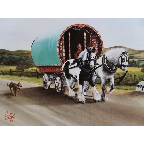 1257 - MIRROR PICTURE - THE GYPSY WAGON, SIGNED J W TAYLOR, 50CM X 60CM