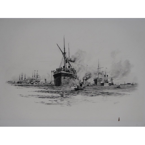 1260 - W L WYLLIE - BOATS ENTERING HARBOUR, FRAMED B&W PRINT, 35CM X 45CM