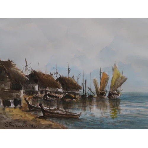 1262 - E ROMAN? - TWO ORIENTAL COASTAL VILLAGES, WATERCOLOURS, F/G, 25CM X 36CM