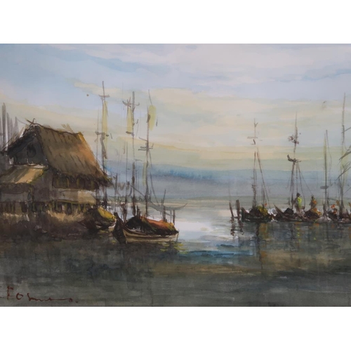 1262 - E ROMAN? - TWO ORIENTAL COASTAL VILLAGES, WATERCOLOURS, F/G, 25CM X 36CM