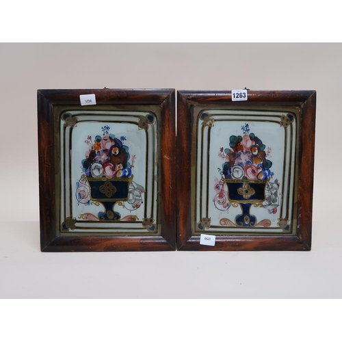 1263 - PAIR OF 19C PAINTINGS ON GLASS - VASES OF FLOWERS, EACH SIGNED, 27CMX 22CM