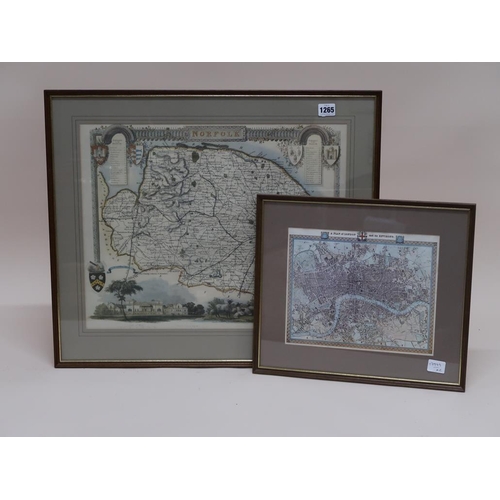 1265 - TWO FRAMED COLOURED MAPS - NORFOLK & LONDON AND ITS ENVIRONS