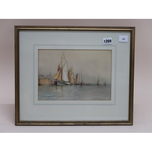 1269 - G EMERY - MOORED SAIING BOATS, SIGNED WATERCOLUR, F/G, 18CM X 26CM