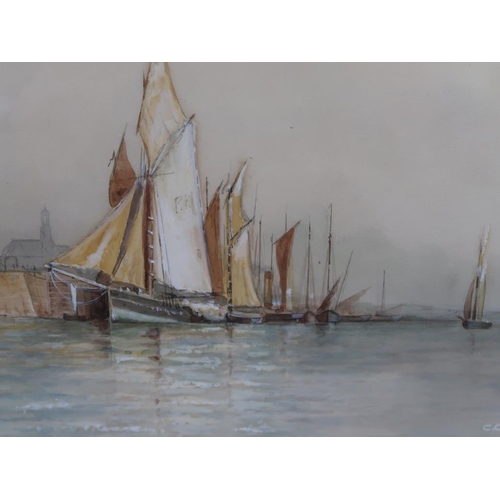 1269 - G EMERY - MOORED SAIING BOATS, SIGNED WATERCOLUR, F/G, 18CM X 26CM