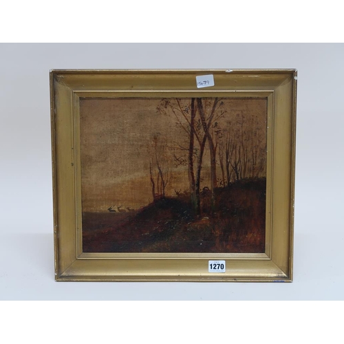 1270 - SIGNED INDISTINCTLY - DEER IN A WINTER LANDSCAPE, SIGNED OIL ON CANVAS, FRAMED, 29CM X 34CM