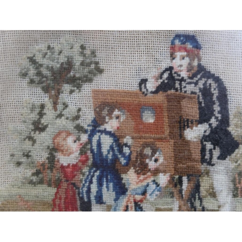 1274 - VICTORIAN NEEDLEWORK PICTURE - THE HURDY GURDY MAN, F/G, 15CM X 20CM