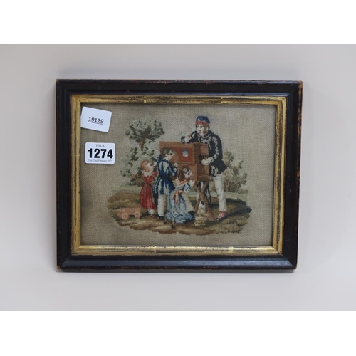 1274 - VICTORIAN NEEDLEWORK PICTURE - THE HURDY GURDY MAN, F/G, 15CM X 20CM