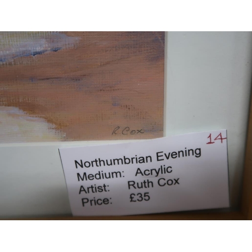 1277 - RUTH COX - NORTHUMBRIAN EVENING, SIGNED ACRYLIC, FRAMED, 13CM X 28CM