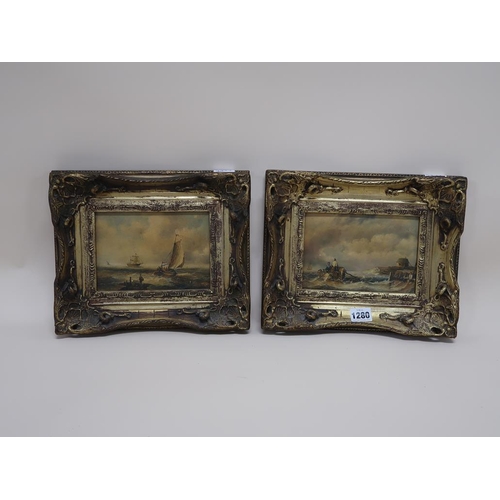 1280 - TWO GILT FRAMED OIL ON BOARD - SAILING VESSELS & FIGURES APPORACHING A HARBOUR, EACH APPROX 12CM X 1... 