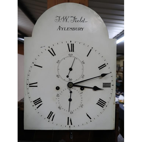 1284 - 19C OAK LONGCASE CLOCK WITH WHITE PAINTED ARCHED DIAL, J W FIELD, AYLESBURY, 10CM H