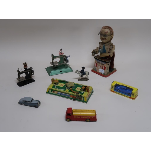 1291 - COLLECTION OF MIXED TOY SEWING MACHINES, CHARLIE WEAVER BAR TENDER, DINKY SUPER TOYS, ETC