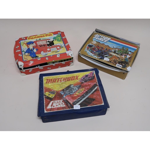 1314 - BOX OF MATCHBOX DIECAST VEHICLES, POSTMAN PAT SET, ACTION FORCE BOX WITH VARIOUS TOY VEHICLES