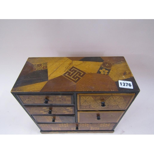 1376 - EARLY 20C PARQUETRY TABLE TOP CABINET OF FIVE SHORT AND ONE LONG DRAWER, 30CM W, 30CM H