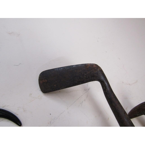 1425 - EARLY PUTTING IRON, ALPINE WALKING STICK, ONE OTHER