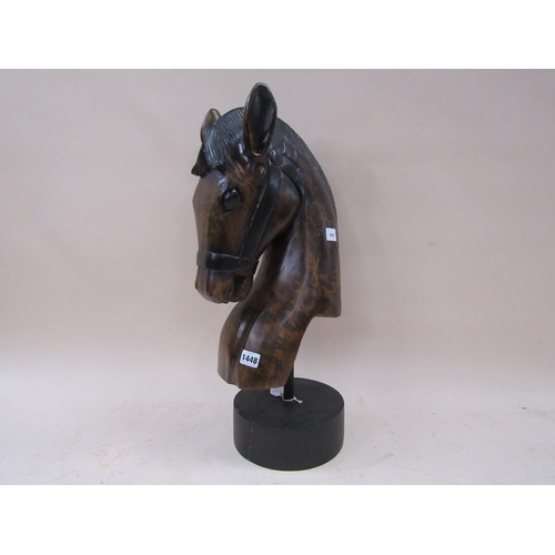 1448 - CARVED WOODEN FIGURE OF A HORSES HEAD ON STAND, 52CM H