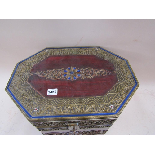 1454 - ORIENTAL OCTAGONAL SHAPED DECORATED BOX AND COVER, 44CM W