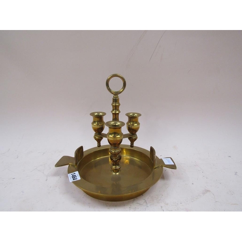 1464 - BRASS TWO HANDLED TRIPLE CANDLE LIGHT WITH DRIP PAN, 29CM DIAM