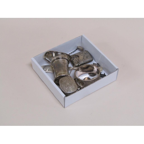 1512 - SMALL SILVER CREAM JUG, VESTAS, GEORGIAN SILVER BOX AND COVER, NAPKIN RINGS, COINS, ETC