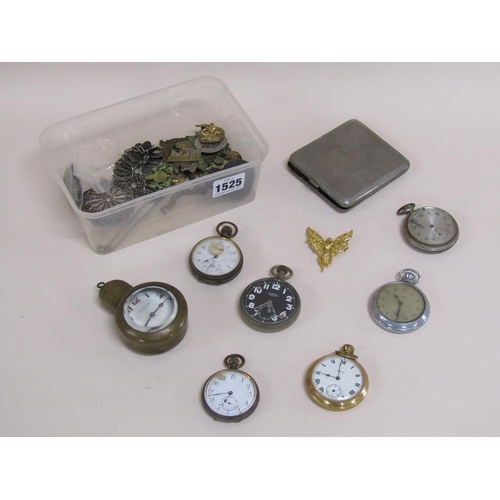 1525 - BOX OF MIXED POCKET WATCHES, BADGES ETC