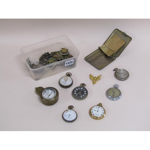 1525 - BOX OF MIXED POCKET WATCHES, BADGES ETC